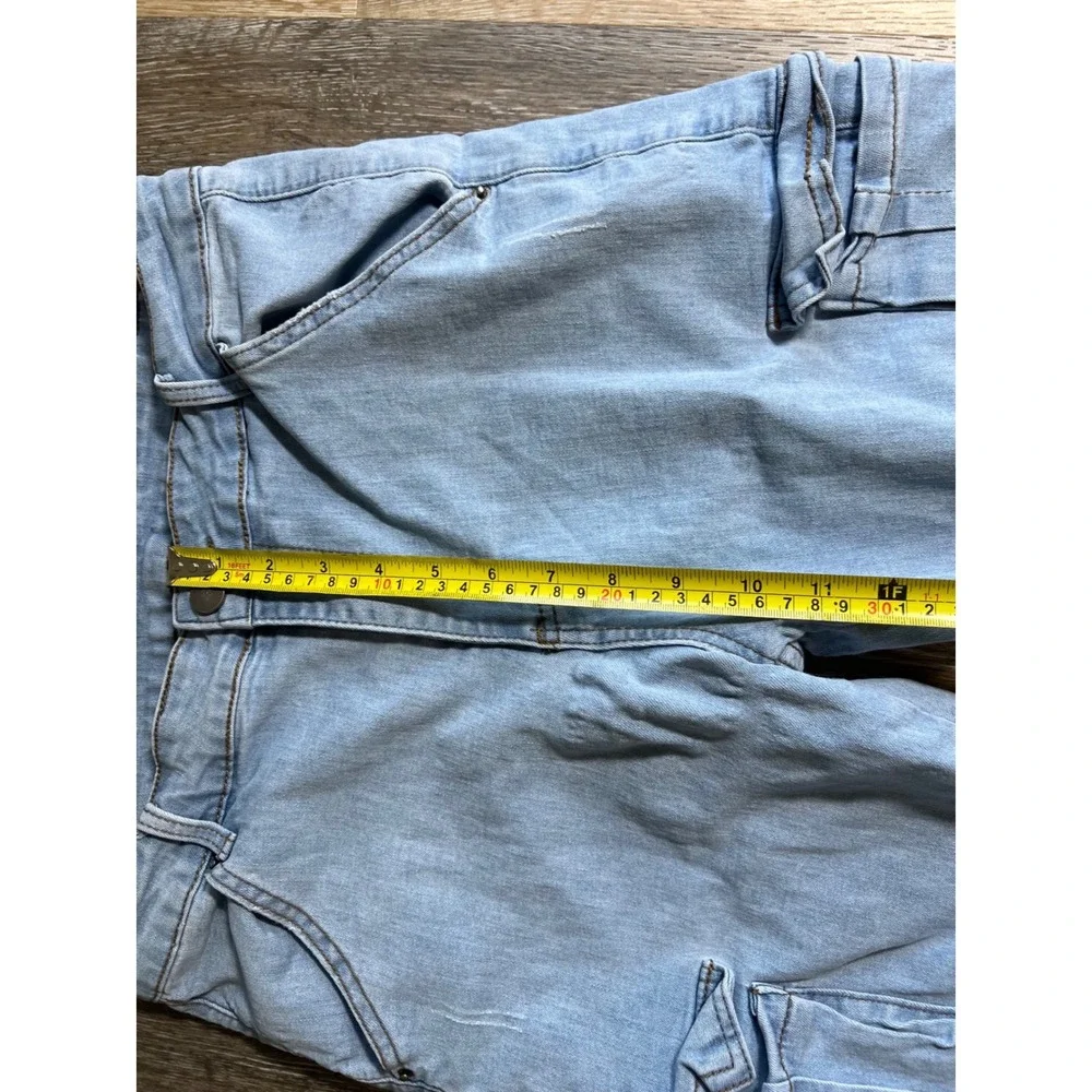 Romwe Cargo Jeans Womens 32 Light Blue Good Slim Tapered Multi Pocket Denim
